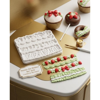 Molde de Silicone Faixas de Morangos e Babados 2635 Confeitaria Biscuit