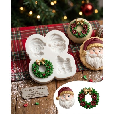 Molde de Silicone Apliques Guirlanda Boneco Neve e Carinha Noel 2493