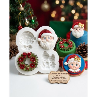 Molde de Silicone Apliques Guirlanda Boneco Neve e Carinha Noel 2493