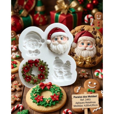 Molde de Silicone Apliques Guirlanda Boneco Neve e Carinha Noel 2493