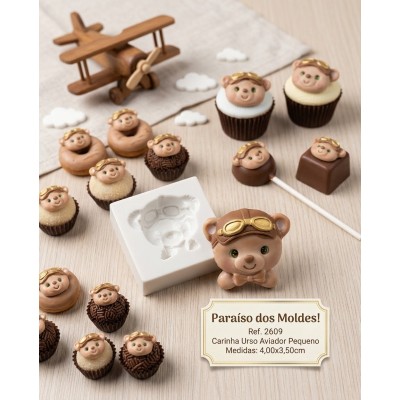 Molde de Silicone Carinha Urso Aviador Pequena 2609 Confeitaria Biscuit
