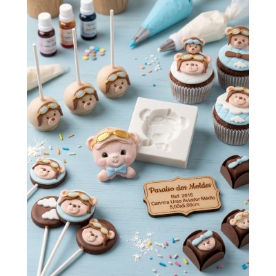 Molde de Silicone Carinha Urso Aviador Médio 2616 Confeitaria Biscuit