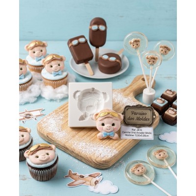 Molde de Silicone Carinha Urso Aviador Médio 2616 Confeitaria Biscuit