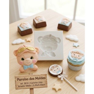 Molde de Silicone Carinha Urso Aviador Médio 2616 Confeitaria Biscuit