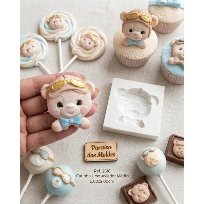 Molde de Silicone Carinha Urso Aviador Médio 2616 Confeitaria Biscuit