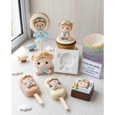 Molde de Silicone Carinha Urso Aviador Médio 2616 Confeitaria Biscuit