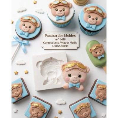 Molde de Silicone Carinha Urso Aviador Médio 2616 Confeitaria Biscuit