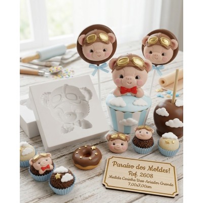 Molde de Silicone Carinha de Urso Aviador Grande e Funda 2608 Confeitaria Biscuit