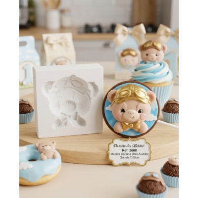 Molde de Silicone Carinha de Urso Aviador Grande e Funda 2608 Confeitaria Biscuit