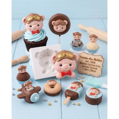 Molde de Silicone Carinha de Urso Aviador Grande e Funda 2608 Confeitaria Biscuit
