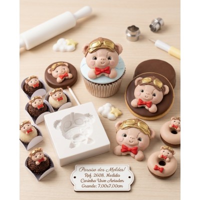 Molde de Silicone Carinha de Urso Aviador Grande e Funda 2608 Confeitaria Biscuit