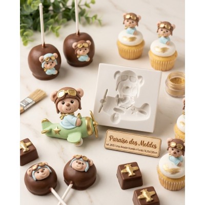 Molde de Silicone Urso no Avião Grande e Fundo 2615 Confeitaria Biscuit