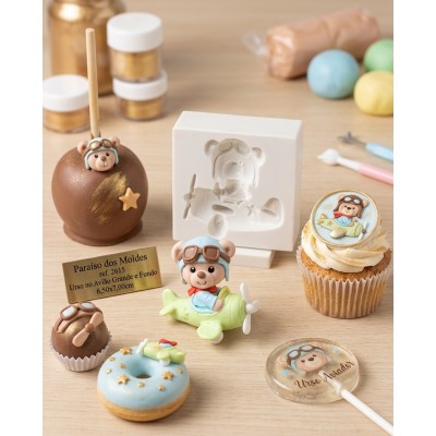 Molde de Silicone Urso no Avião Grande e Fundo 2615 Confeitaria Biscuit