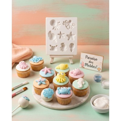 Molde de Silicone Miniaturas Fundo Mar Feliz -1058